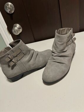 Women’s Grey Suede Ankle Boots with Buckle Detail